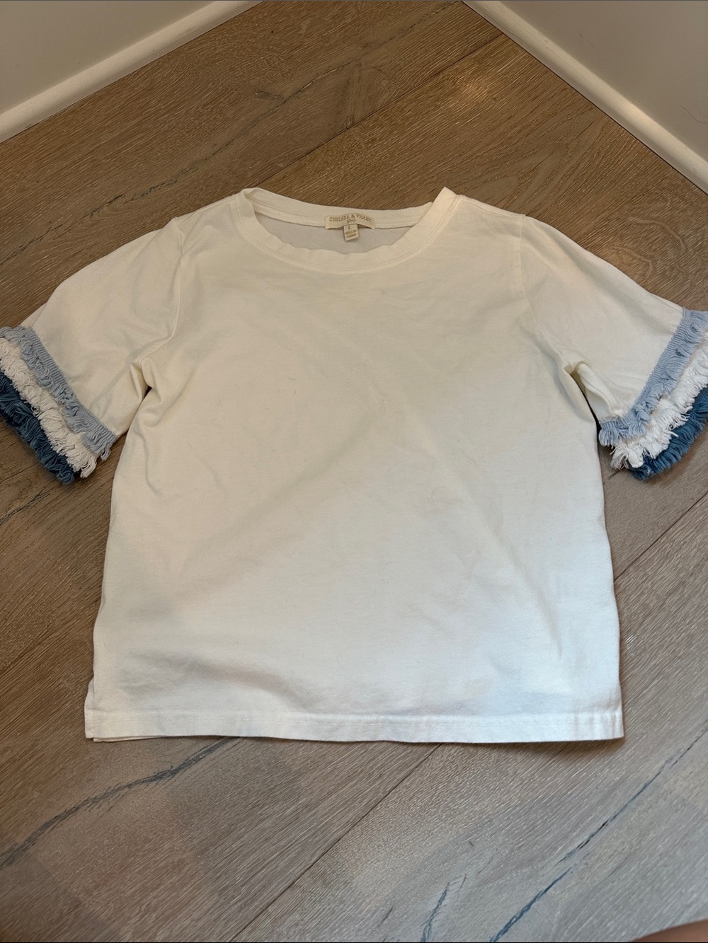 Kids Short Sleeve Fringe Tee - Ivory with Blue Trim